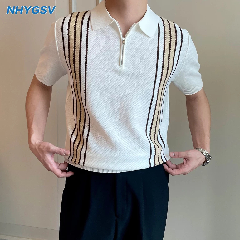 NHYGSV เสื้อโปโลซิปครึ่งตัวสำหรับผู้ชาย ผ้าถักสุดเท่ ขาว ธุรกิจและการพักผ่อน Polo shirt B607