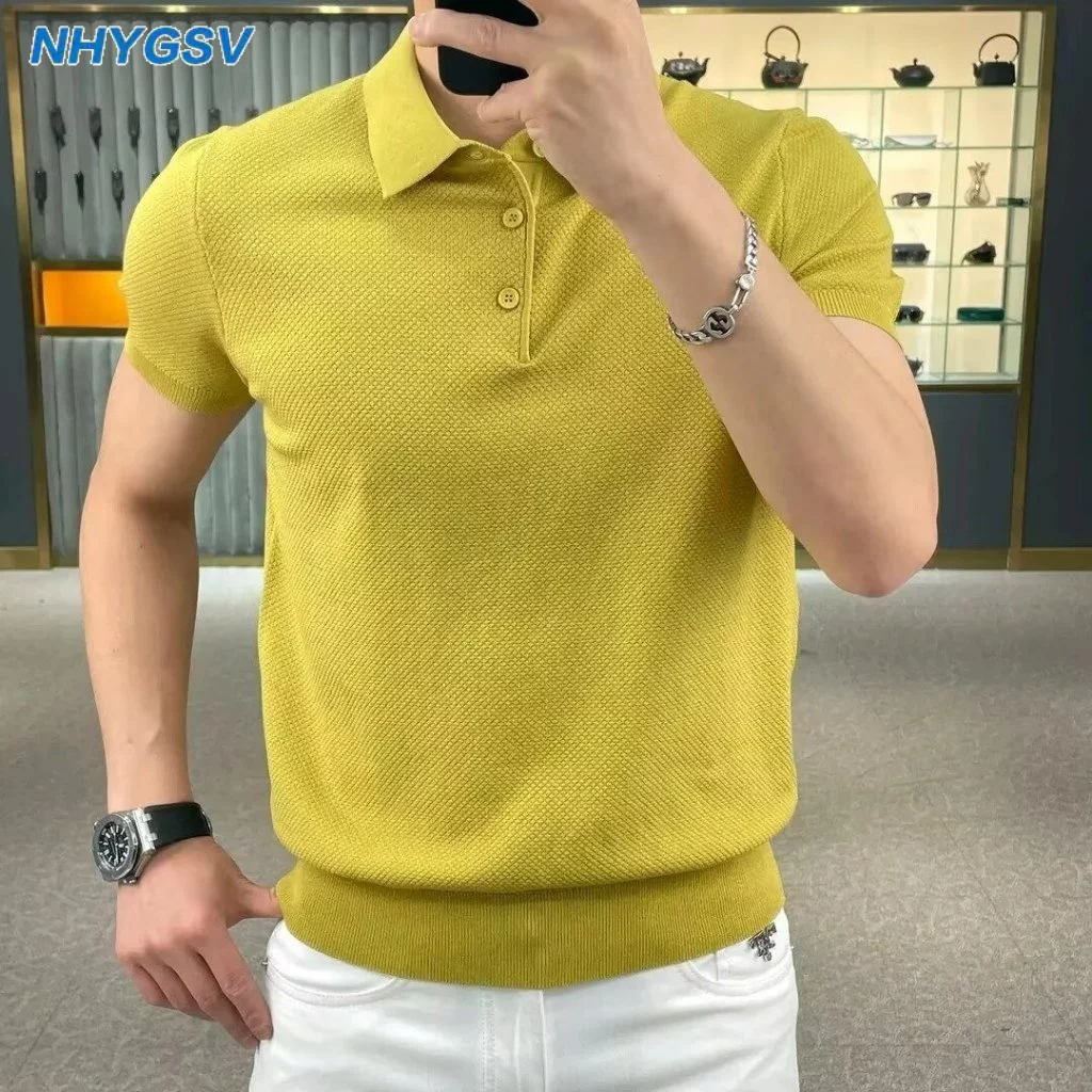 NHYGSV เสื้อโปโลชาย ผ้าถักสุดเท่ สีเหลือง ลำลอง แขนสั้น [B603]