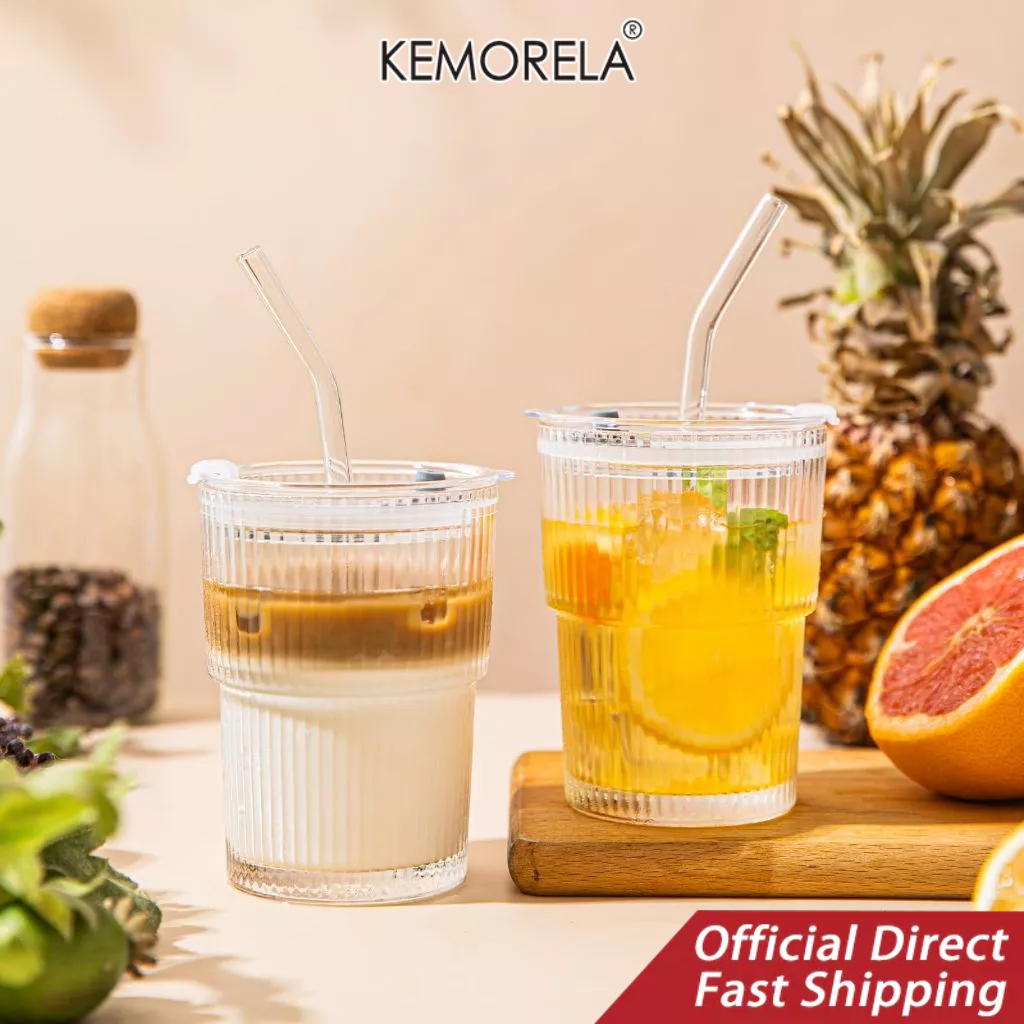 KEMORELA  คีมอร์ลา 1/2ชิ้น 13ออนซ์ ลายถ้วยแก้วใสแก้วที่มีฝาปิดและฟางแก้วกาแฟน้ําแข็งถ้วยชาน้ําผลไม้แก้วนมถ้วยน้ําสูงทนความร้อน เครื่องดื่ม,ทนทานเครื่องแก้ว