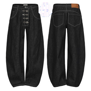 กางเกงยีนส์ทรงหลวมขากว้าง มีกระดุมโลหะ สีดำ