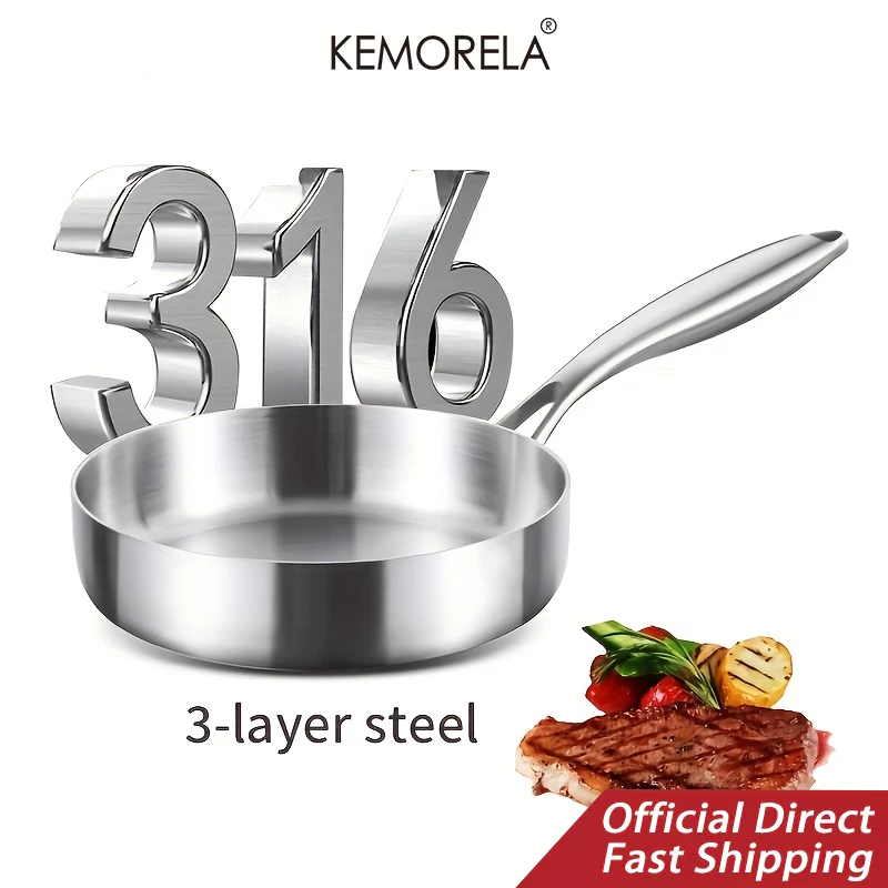 KEMORELA 1PC 316 กระทะสแตนเลส 20/22/24/26/28 ซม.ไม่เคลือบกระทะกระทะ Non Stick หม้อในครัวเรือนทําอาหารหม้อเครื่องครัวสเต็กกระทะ