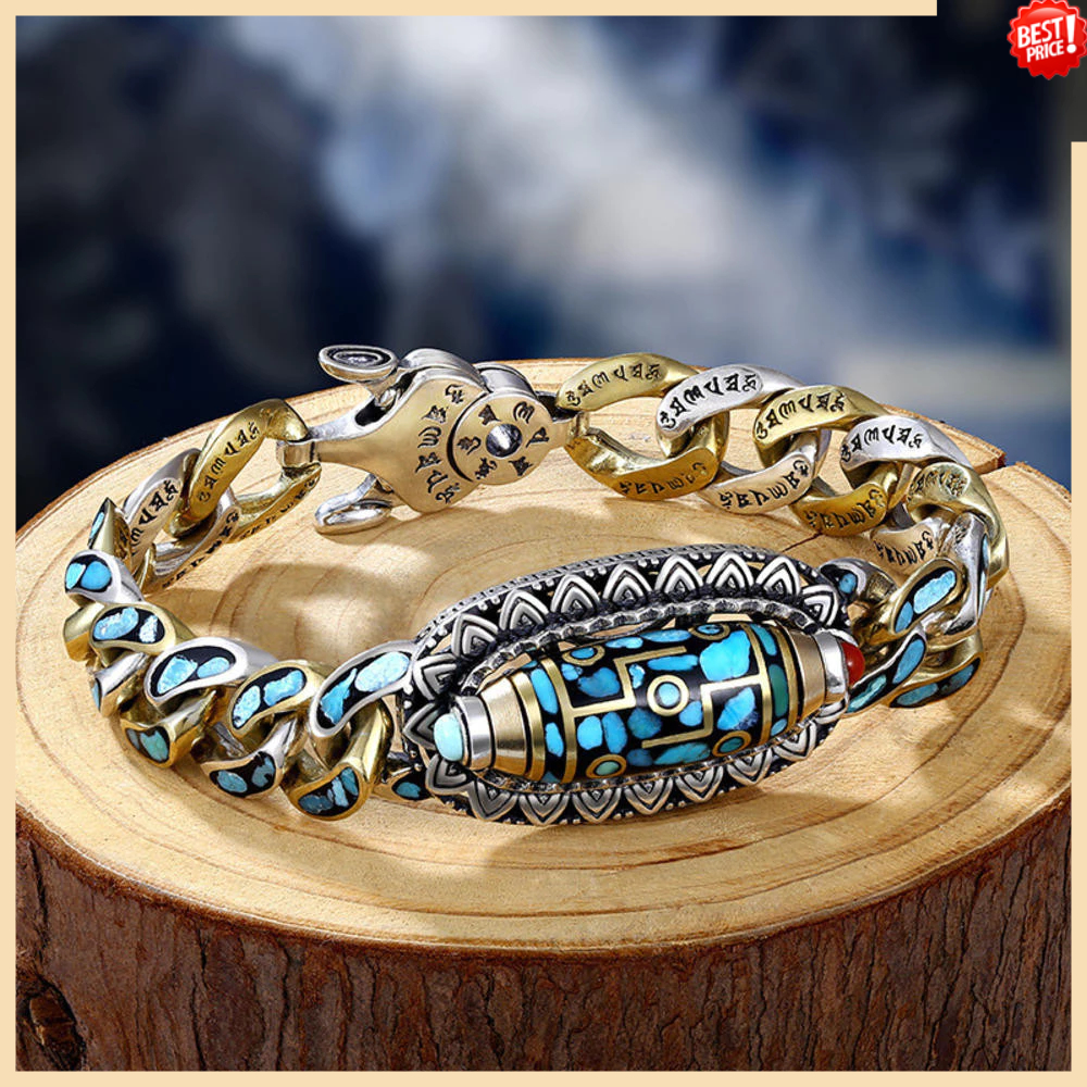 สร้อยข้อมือเงินแบบปรับได้ เพชรสีฟ้าเขียว Turquoise สไตล์เผ่า สำหรับของขวัญผู้ชาย