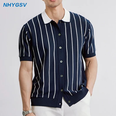 NHYGSV เสื้อโปโลคาร์ดิแกนชาย ผ้าถักสุดเท่ สีน้ำเงินกรมท่า เสื้อโปโลแขนสั้นลายทาง [B621]