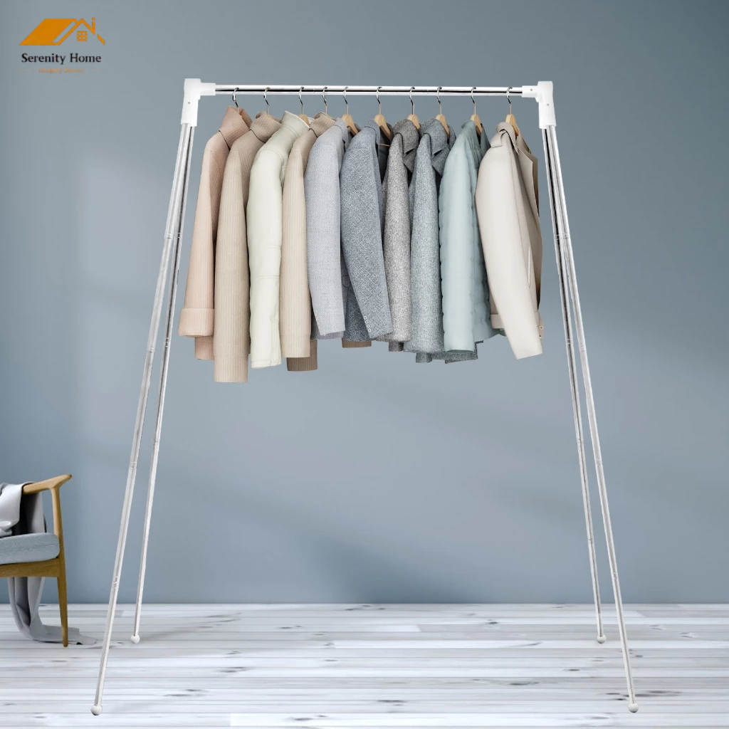 ราวตากผ้า สแตนเลส ขนาด 53.5 นิ้ว พับได้ ยืดขยายได้ มาพร้อมขากันลื่น ราวแขวนเสื้อผ้าแบบพกพา สำหรับซักรีดและเดินทาง