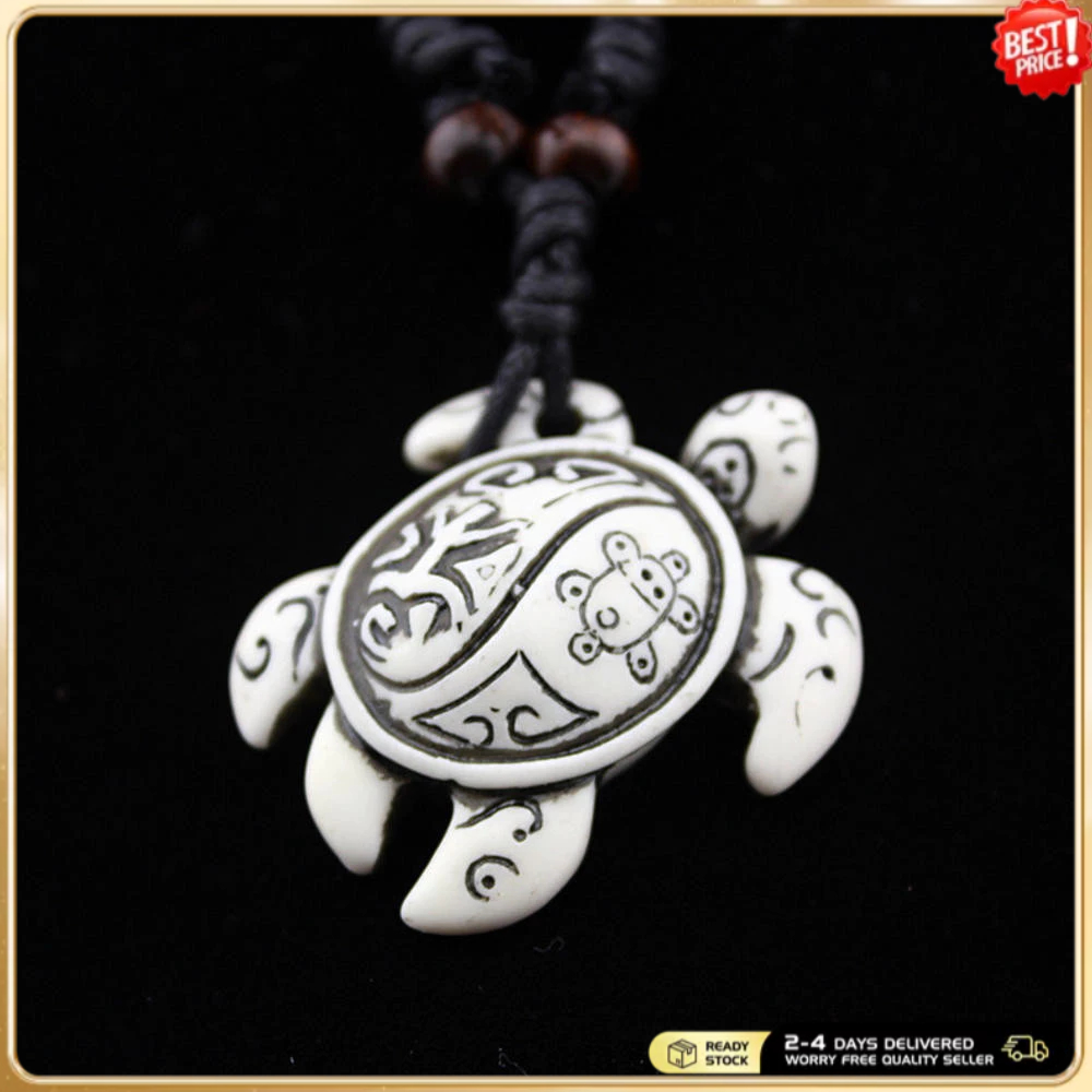 จี้สร้อยคอยาวสำหรับผู้ชายและผู้หญิง ออกแบบแฮนด์เมด กระดูกเทียมแกะสลักภาพเต่าทะเล ในสไตล์ฮาวาย สัญลักษณ์แห่งความโชคดี
