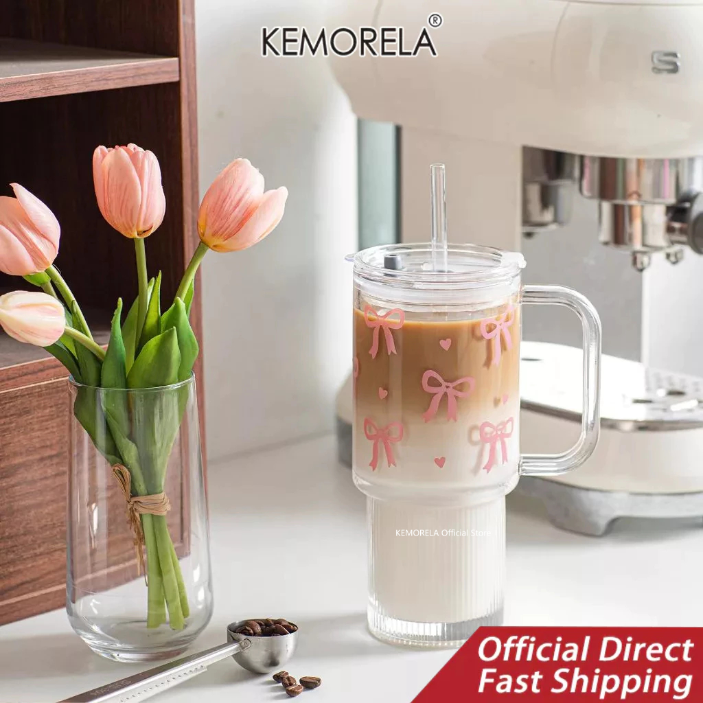 KEMORELA  26ออนซ์น่ารักสีชมพูโบว์ถ้วยแก้วที่มีฝาปิดและฟาง, ของผู้หญิงกระโหลก สุนทรียศาสตร์แก้วมีหูจับ, วันเกิด, วาเลนไทน์ & ของขวัญคริสต์มาสสําหรับผู้หญิง, วัยรุ่นและเพ