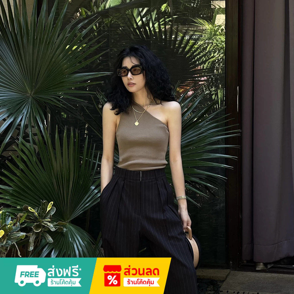 Ins กางเกงลำลองใหม่ กางเกงใส่ทำงานเรียบง่าย กางเกงขาบานหลวม ลายทางแนวตั้ง กางเกงสูท กางเกงผู้หญิง