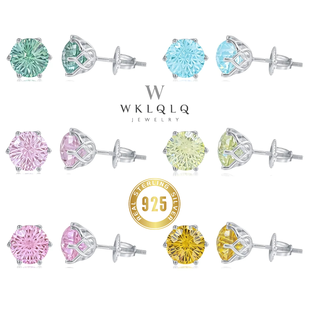 WKLQLQ ต่างหูเงินแท้ 925 แบบเกลียว กันหลุด ประดับเพชรสวิสตัดดอกไม้ไฟ หลายสี ไม่แพ้ ใส่ได้ทุกโอกาส