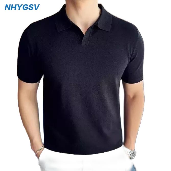 NHYGSV เสื้อโปโลคอวีชาย ผ้าถัก สีดำ ขาว เขียว เสื้อโปโลแขนสั้นสีพื้น [B54]