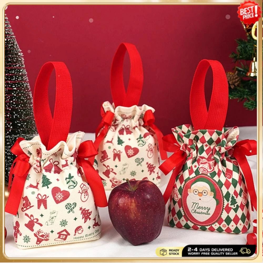 กระเป๋าตุ๊กตาของขวัญคริสต์มาสพร้อมเชือกรูด, กระเป๋าตุ๊กตาซานต้าผ้าน่ารักสําหรับของขวัญ, กระเป๋าเก็บตกแต่งคริสต์มาสอีฟแอปเปิ้ล, ลูกอม, ขนมปาร์ตี้วันหยุด