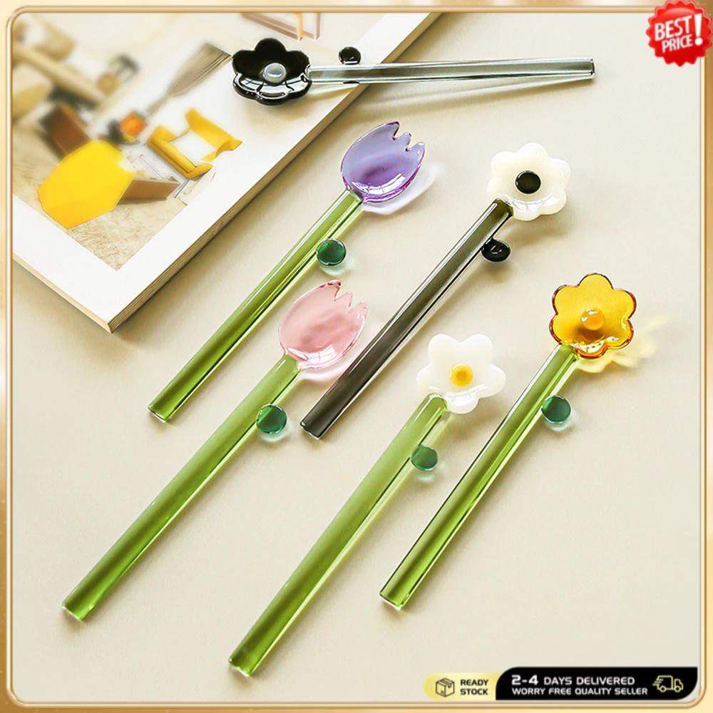 บอโรซิลิเกต สีโปร่งใสแก้วด้ามยาวน่ารักดอกไม้ไอศครีมขนมช้อนกาแฟกวนช้อนน้ําผึ้งช้อน