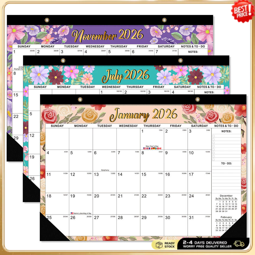 ปฏิทินติดผนัง 2026 - ม.ค 2026 - ธ.ค 2026, 12 เดือนแขวนปฏิทินรายเดือน 2026, 14.8" X 11.57", เข้าเล่มลวดคู่, วันที่จูเลียน, โน้ต, รายการโททํากระดาษหนา