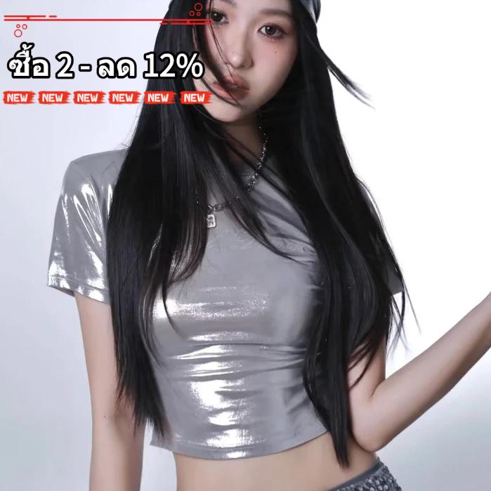 เสื้อยืดผู้หญิงสไตล์ยุโรปและอเมริกา คอกลมแขนสั้นรัดรูป