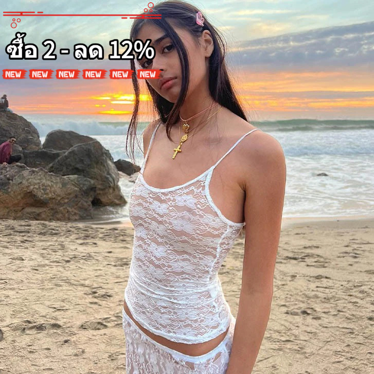 เสื้อกล้ามลูกไม้ซีทรูแขนกุด สำหรับผู้หญิง หวานและสวยงาม ในฤดูร้อน