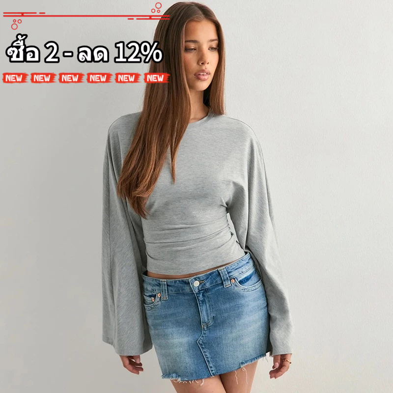 เสื้อยืดแขนยาวคอกลมสลิมฟิตสำหรับผู้หญิง สไตล์แฟชั่นสีเทา เหมาะสำหรับสวมใส่ในฤดูร้อน