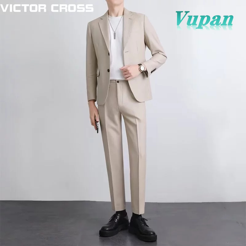 VUPAN ชุดสูทผู้ชายเกาหลีผ้าต่อต้านริ้วรอยแอปริคอท M-3XL ชุดสูทลําลอง [A4]