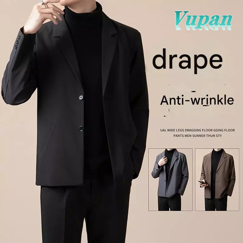 VUPAN ชุดสูทชายเกาหลี พร้อมแผ่นรองไหล่ ผ้ากันรอยยับ สีดำ S-5XL เวลาว่าง blazer [A48]