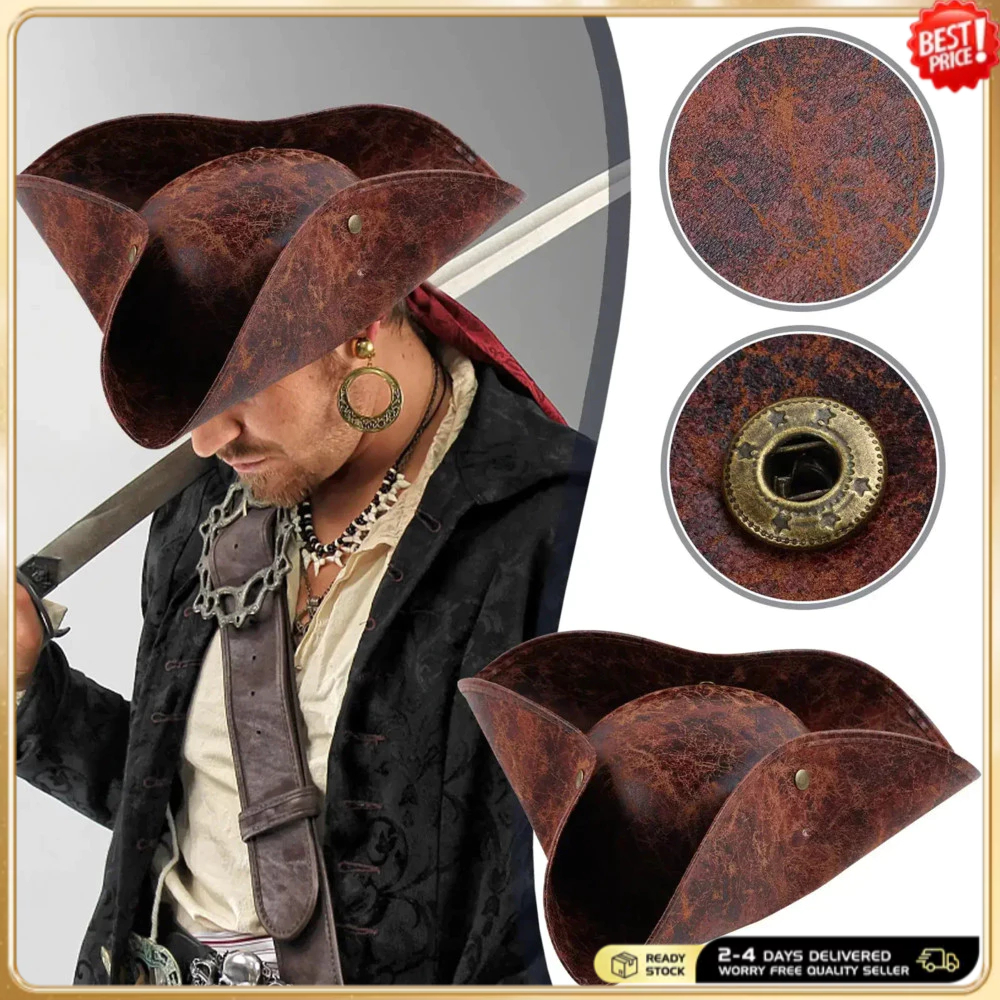 Srnede Pirate-Hat Women Tricorn Brown Pirate Men Leather Faux Leather Vintage Wrinkle Distressed
