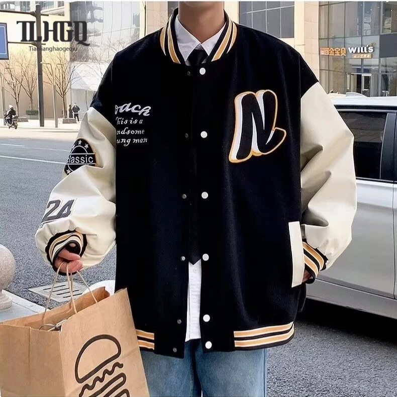 TLHGQ เสื้อแจ็คเก็ตผู้ชายแฟชั่นลายอเมริกันในเครื่องแบบเบสบอลแบบสบาย ๆ เสื้อแจ็คเก็ตคู่ย้อนยุคหลวม เสื้อผ้าแฟชั่น oversize