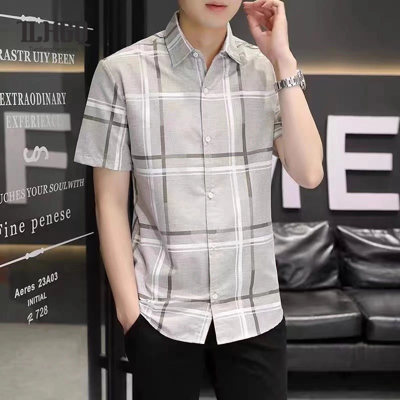 TLHGQ เสื้อเชิ้ตผู้ชายลายสก๊อตลําลองธุรกิจผ้าฝ้ายที่เป็นผู้ใหญ่เบาอเนกประสงค์ลําลองด้านบน