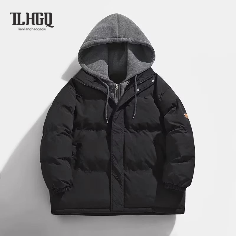 TLHGQ เสื้อแจ็คเก็ตผ้าฝ้ายมีฮู้ดผ้าฝ้ายขนเป็ดสําหรับผู้ชาย อิน เสื้อแจ็คเก็ตให้ความอบอุ่นคู่หลวมอินเทรนด์