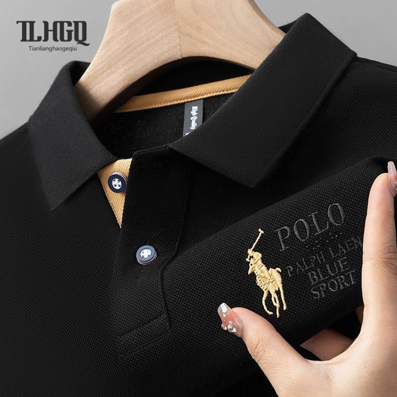TLHGQ เสื้อโปโลปักลายผู้ชาย มีสไตล์สำหรับธุรกิจและลำลอง แขนสั้น ไม่ต้องรีด