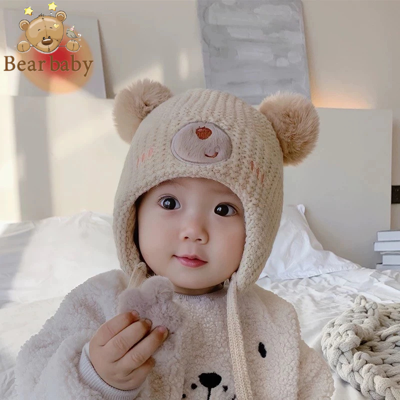 หมวกเด็ก หมวกถัก สไตล์ใหม่สำหรับฤดูใบไม้ร่วงและฤดูหนาว วัสดุผ้าฝ้ายแท้ นุ่มสบาย อบอุ่น กันลม หมวกป้องกันหู