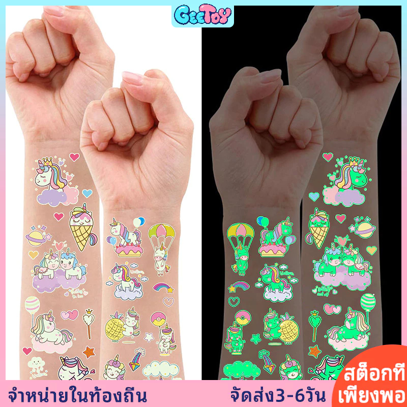 10pcs/set ไดโนเสาร์/อวกาศ/สัตว์ ส่องสว่าง ชั่วคราว สติ๊กเกอร์รอยสัก เกม ของเล่น