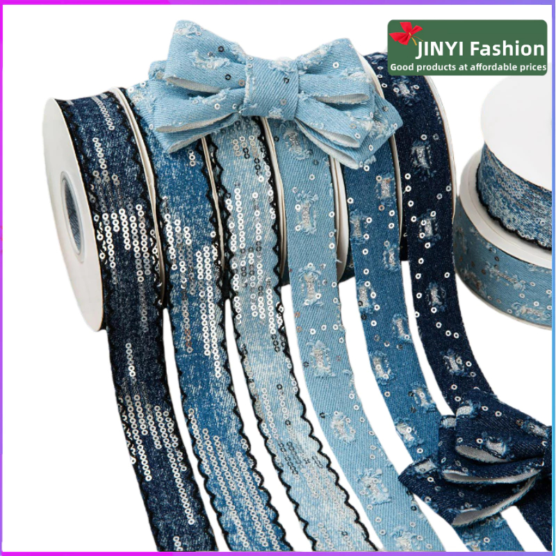 1 หลา 2.5 ซม. ริบบิ้นผ้ายีนส์ประกาย ~ DIY headwear โบว์ริบบิ้นเสื้อผ้าตกแต่งช่อดอกไม้ของขวัญบรรจุภัณฑ์ตกแต่ง