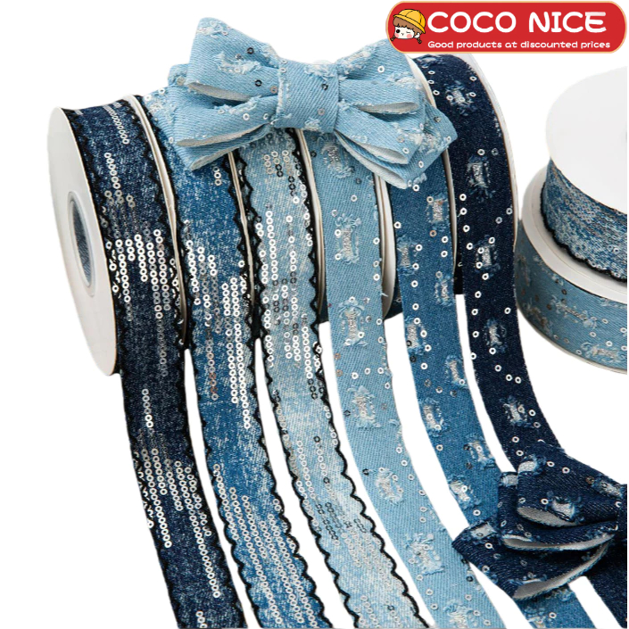 1 หลา 2.5 ซม. ริบบิ้นผ้ายีนส์ประกาย ~ DIY headwear โบว์ริบบิ้นเสื้อผ้าตกแต่งช่อดอกไม้ของขวัญบรรจุภัณฑ์ตกแต่ง