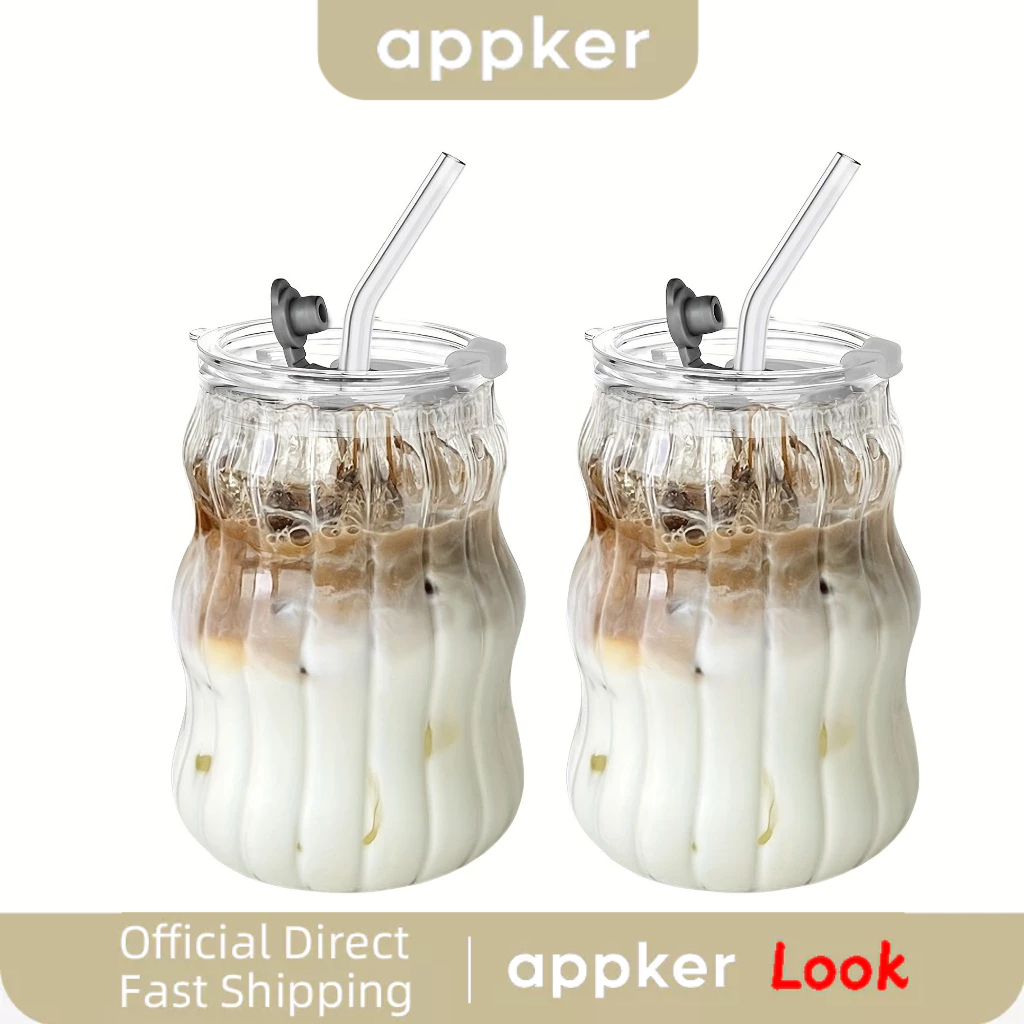 APPKER แก้วน้ําดื่มพร้อมหลอดแก้วและฝา 18 ออนซ์ ชุดแก้วค็อกเทล ฟองคลื่น แก้วกาแฟเย็น แก้วเบียร์ เหมาะสําหรับน้ําโซดาชา