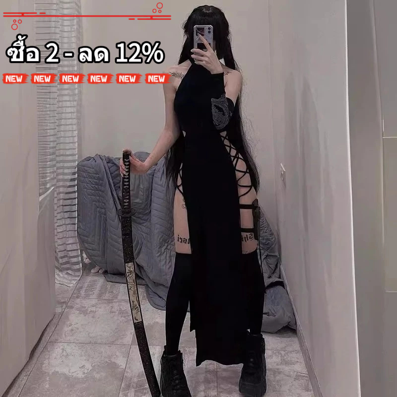 ชุดยาวกลางลายสก๊อตสีดำโกธิค สลิตสูง แบบสายเดี่ยว