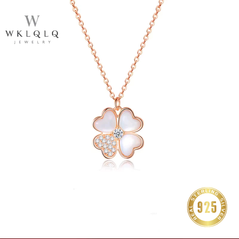 WKLQLQ สร้อยคอเงิน925 โคลเวอร์สี่ใบ มุกขาว+เซอร์โคเนีย สร้อยผู้หญิง เสริมโชค ไม่หมอง ไม่แพ้