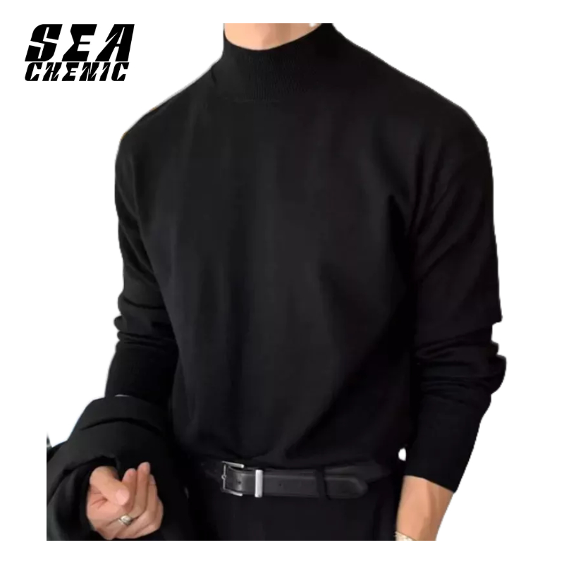 SEACHENIC เสื้อไหมพรมผู้ชาย สไตล์เกาหลี แบบปกม็อก สวมใส่สบาย สำหรับทุกวัน