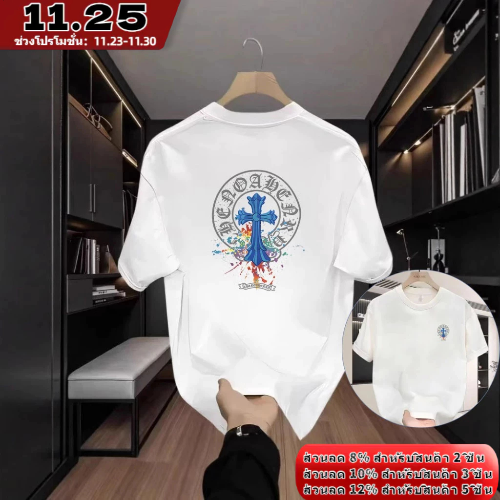 ผู้ชายคอกลมเสื้อยืดสีดำ2025รุ่นใหม่บุคลิกภาพพิมพ์ลายเสื้อยืด oversizeใส่สบายsummerของผู้ชายแขนสั้นS-3XLรหัสunisexเสื้อเท่ๆ