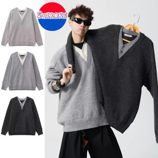 SUIKONE ซุยโคเนะ เสื้อไหมพรมผู้ชายอเมริกันย้อนยุคคอวีออกแบบแ…