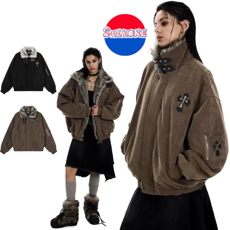 SUIKONE ซุยโคเนะ เสื้อแจ็คเก็ตบุผ้าฝ้ายสําหรับผู้ชายหนังนิ่มสไตล์อเมริกันแบรนด์อินเทรนด์คุณภาพสูงสไตล์ ไม่จํากัดเพศ