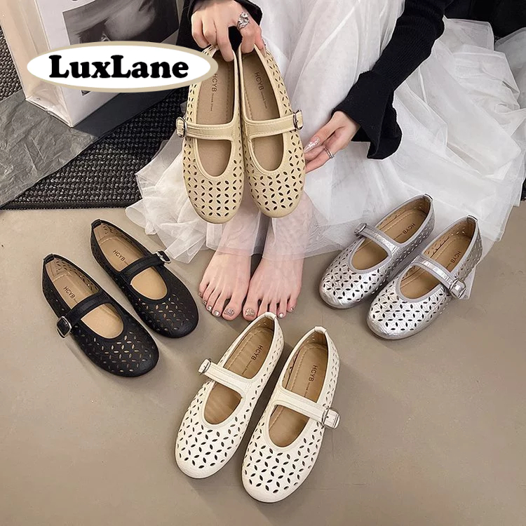 Withbox LuxLane Mary Jane รองเท้าแตะส้นแบนดีไซน์เปิดขึ้นสำหรับผู้หญิง หน้ายางกลม สายเดียว เหมาะสำหรับสวมใส่ทุกวันและโอกาสพิเศษ