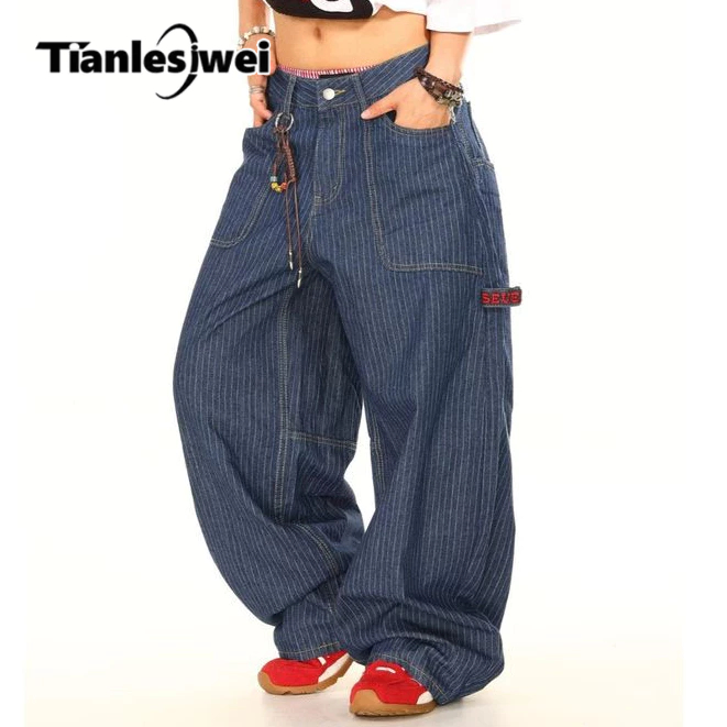 กางเกงยีนส์ขากว้างลายทางเอวผูกเชือก สไตล์วินเทจ ทรงหลวม