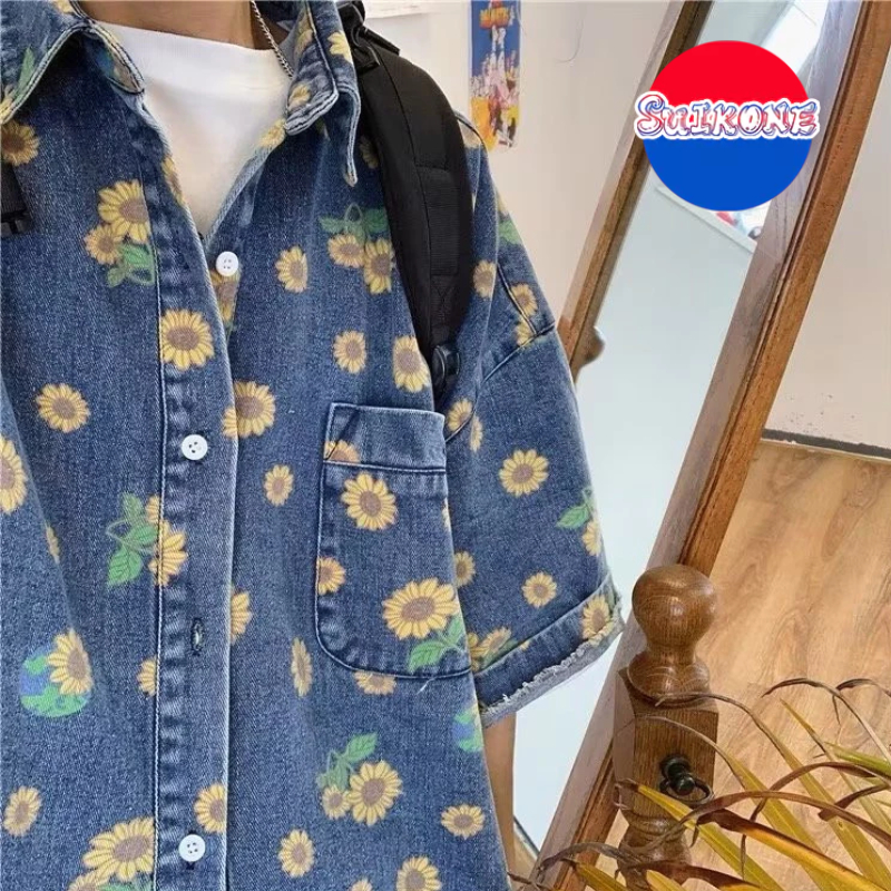 เสื้อเชิ้ตแขนสั้นผู้ชาย ทำจากผ้ายีนส์อเมริกัน ดีไซน์อินเทรนด์ดอกไม้ สวมใส่ได้ทุกเพศ