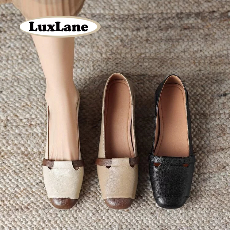 Nobox LuxLane รองเท้าหนังหัวกลมนุ่มส้นต่ำสำหรับผู้หญิง อากาศการทำงานและความสะดวกสบายในสไตล์เรโทร