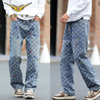 ฮันลู ความคิดถึงสีฟ้าล้างกางเกงยีนส์ผู้ชายหลวมตรงมีสไตล์เต็ม…