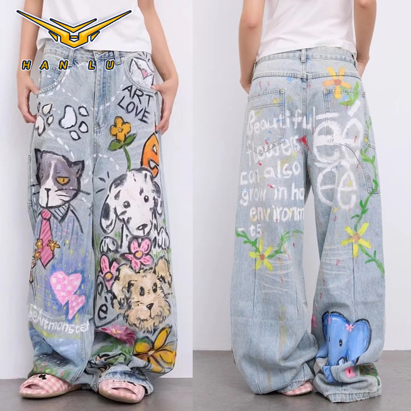 HALU Art Graffiti กางเกงยีนส์ผู้ชายหลวมตรง Street Trend สไตล์