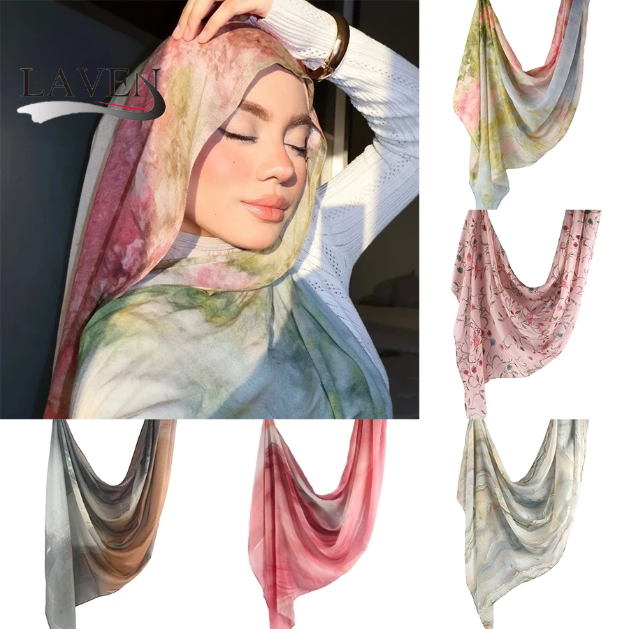 LAVEN Tie-dye ภาพวาดที่มีสีสันผ้าฝ้าย Voile ผ้าคลุมไหล่ยาว Pashmina ผ้าคลุมไหล่ Headscarf ผ้าคลุมไหล่มุสลิม Hijabs