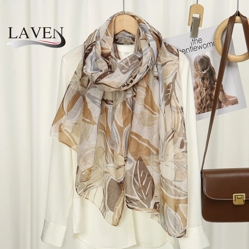 LAVEN ดอกไม้ Bowknot พิมพ์ผ้าคลุมไหล่ฮิญาบนุ่ม Breathable Voile ผ้าฝ้าย Headscar