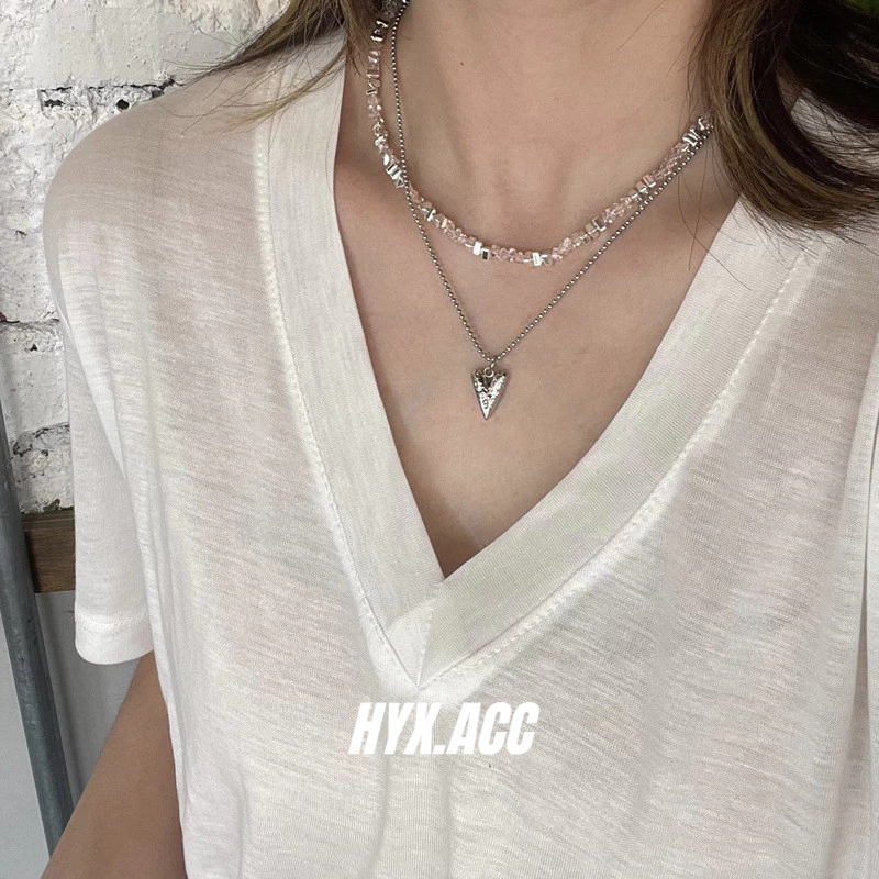 สร้อยคอคริสตัลลูกปัดรูปหัวใจสองชั้น สไตล์เกาหลีเรียบง่าย สำหรับผู้หญิง