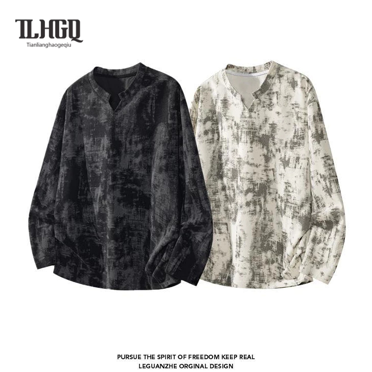 TLHGQ เสื้อยืดหลวม สำหรับผู้ชาย มัดย้อม คอวี ลำลอง เหมาะสำหรับคู่รัก แขนยาว พลัสไซส์