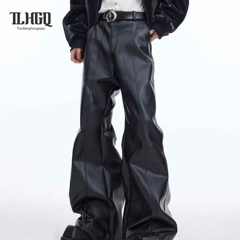 TLHGQ ล้างแยกการออกแบบความรู้สึกซอกกางเกงหนังแฟชั่นอเนกประสงค์หลวมตรง