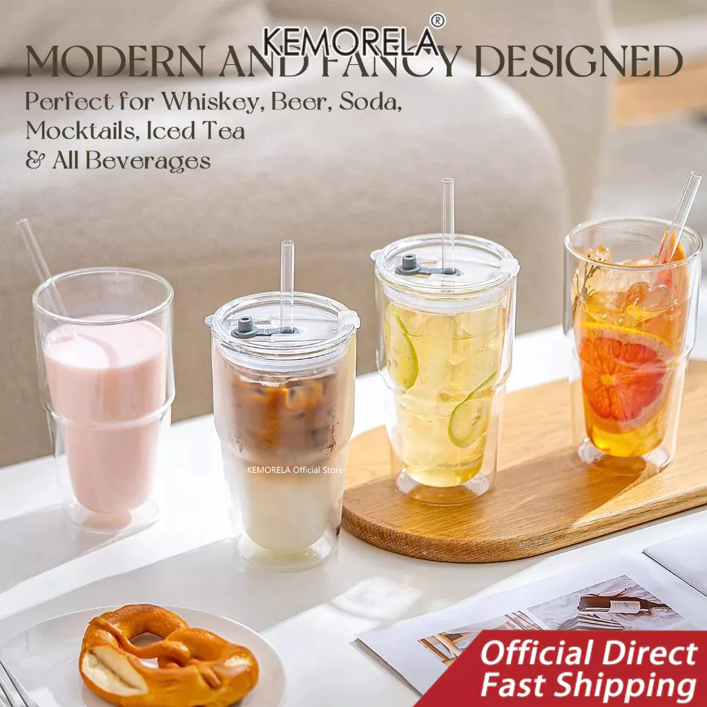 KEMORELA แก้วน้ําแก้ว Borosilicate Double Wall 2 แพ็คพร้อมฝาปิดและหลอด, ถ้วยกาแฟเย็นฉนวน 16 ออนซ์, สมูทตี้แบบใช้ซ้ําได้และน้ําดื่ม Boba, เครื่องล้างจานปลอดภัย (2 ชิ้น)