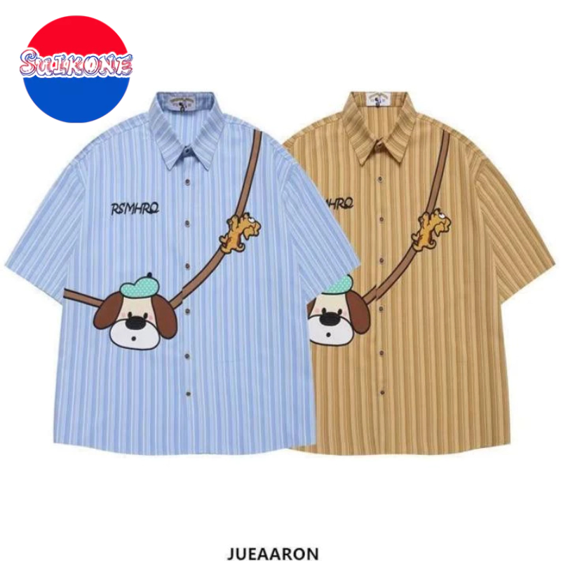 เสื้อเชิ้ตแขนสั้นผู้ชาย SUIKONE ดีไซน์ลายทาง สวมได้ทั้งชายและหญิง
